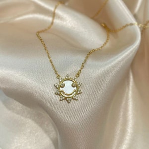 Happy Sun Necklace, Smile Necklace, Sun Pendant, Smiley Face Pearl and Zirconia, Gold Vermeil Necklace, Stacking, Layering Necklace