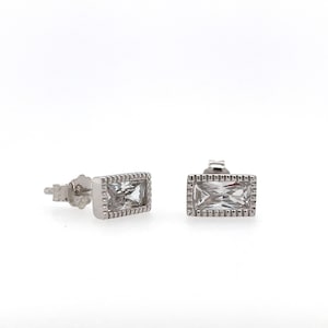Baguette Stud Earrings, Sterling Silver, Bezel Set Baguette Earrings, Radiant Cut Earring