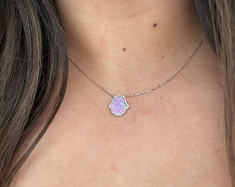Pink Opal Hamsa Necklace, Opal Halo Necklace, Hamsa, Protection Necklace, Sterling Silver