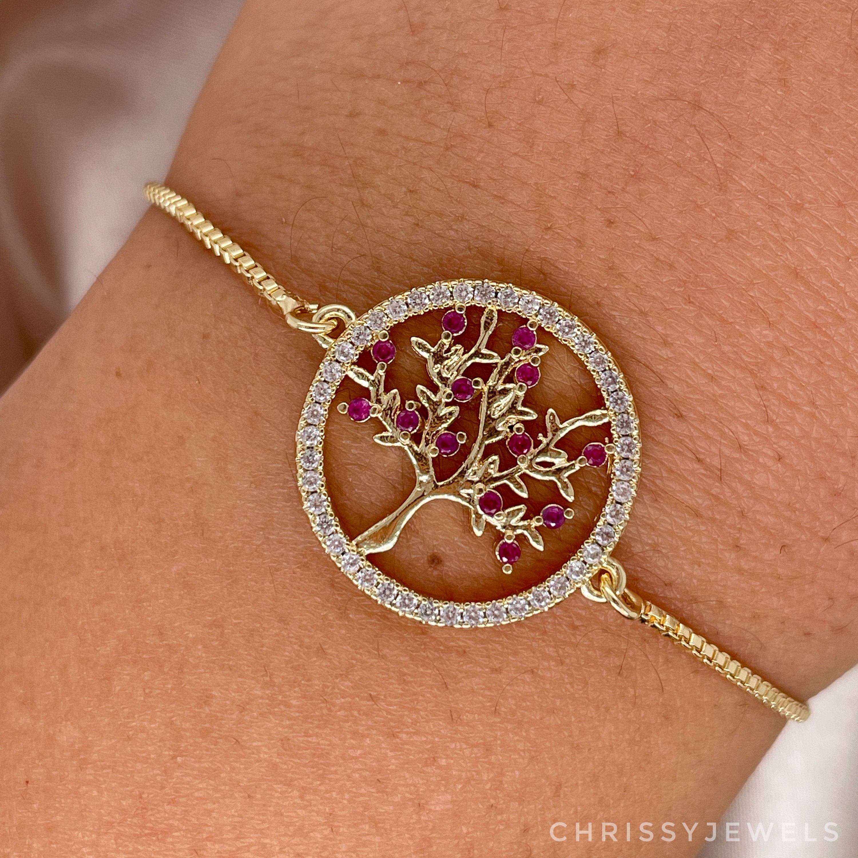 Gold Tree of Life Bracelet, Adjustable Ruby CZ Tree Charm Bracelet ...