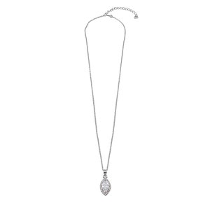 May include: A silver-toned necklace with a delicate chain and a pendant. The pendant features a marquise-shaped, clear gemstone surrounded by smaller, clear stones. The necklace is designed for a classic and elegant look.
