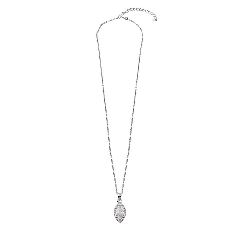 May include: A silver-toned necklace with a delicate chain and a pendant. The pendant features a marquise-shaped, clear gemstone surrounded by smaller, clear stones. The necklace is designed for a classic and elegant look.
