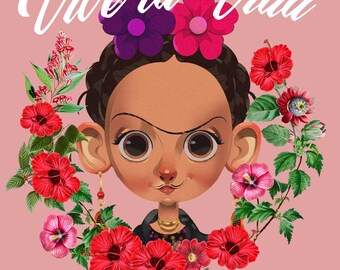 Viva la Vida PNG, retrato floral inspirado en Frida Kahlo, descarga digital, lindo archivo de impresión de arte latino, PNG para camisetas, pegatinas y arte de pared