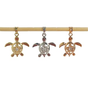 Honu with Plumeria CZ Hawaiian Pendant - Solid 14k Gold