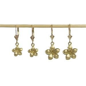Hawaiian Plumeria Flower Leverback Dangling Earring - Solid 14k Yellow Gold