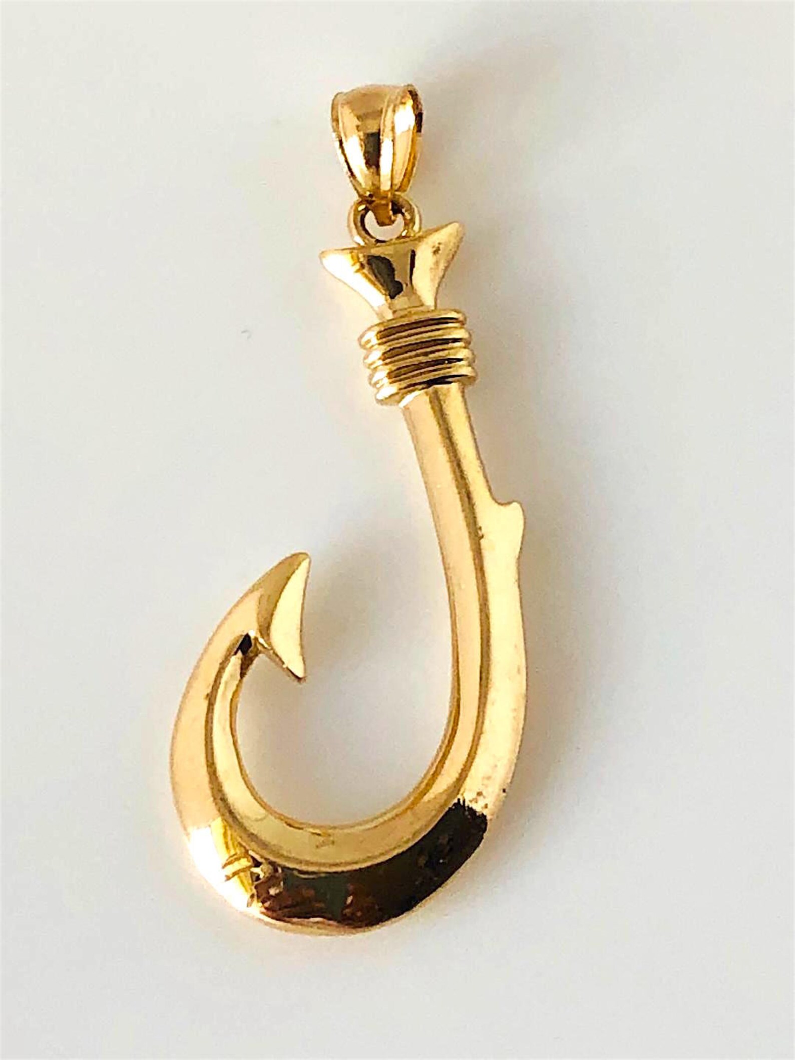 Large Fish Hook Pendant Solid 14k Yellow Gold Etsy