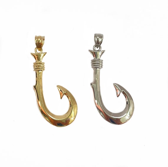 Large Fish Hook Pendant Solid 14k Gold