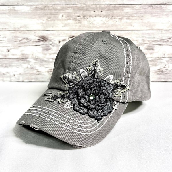 Flower Baseball Cap Womens Distressed Hat, Grey Hiking Hat Outdoorsy Gift For Nature Lover, Bonus Mom Gift, Floral Hat, Bad Hair Day Hat