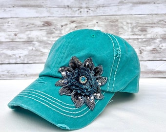 Womens Distressed Ball Cap, Flower Baseball Cap, Hat With Crystal, Cute Hat For Sister Birthday Gift, Shabby and Bling Sequin Flower Hat