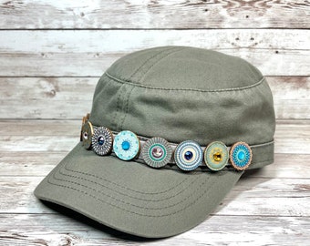 Boho Hat With Crystals, Women’s Cadet Cap, Green Military Hat, Unique Gift For Her, Cute Gift For Friend, Boho Festival Wear