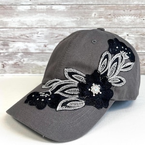 Grey Cotton Baseball Cap: Rhinestone Flower Applique Bling  display picture 2