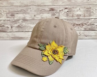 Tan Baseball Cap: Shabby Chic Flower Hat With Rhinestone 