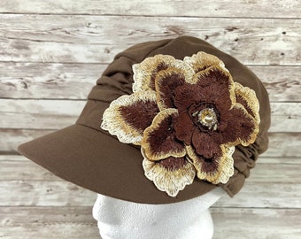 Brown Baseball Cap Soft Chemo Hat, Womens Newsboy Cap For Hairloss, Unique Hats For Women, Chemo Headwear, Cute Brown Hat With Flower