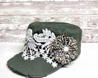 Womens Cadet Hat, Cadet Cap, Military Mom Gift, Distressed Hat, Cute Hat For Women, Military Style, Vacation Accessories, Leopard Flower