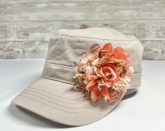 Womens Cadet Hat, Military Cap, Florist Gift, Women's Cotton Hats, Trendy Gift For Her, Floral Hat, Beige Cadet Cap, Military Mom Gift