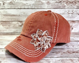 Sequin Flower Hat For Women, Burnt Orange Baseball Hat, Nature Lover Gift For Her, Distressed Ball Cap, Camping Trip Gift, Outdoorsy Gift