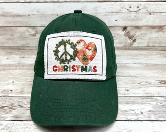 Baseball Hat For Women, Green Christmas Hat With Peace Sign, Secret Santa Gift For Coworker, Boho Christmas Hat Hippie Girl Gifts For Her
