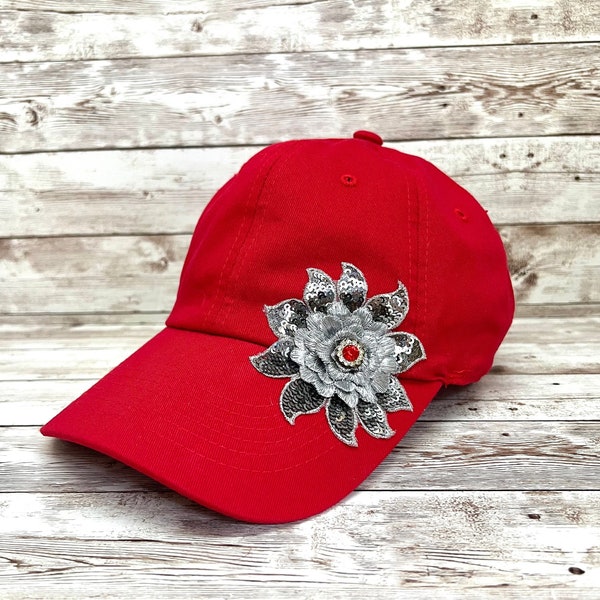 Flower Baseball Cap With Rhinestone Charm, Womens Ballcap With Sequin Flower, Cute Gifts For Friends, Red Hat, Mom Gift From Kids, Fancy Hat