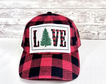 Buffalo Plaid Hat, Womens Ball Cap, Christmas Baseball Hat, Love Hat With Patch, Secret Santa Gift For Coworker, Love Patch Hat