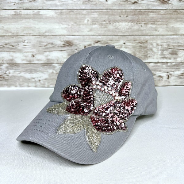 Bling Hat, Baseball Hat Women, Sequin Baseball Cap, Shimmer Hat, Anniversary Gift For Wife, Grey Ball Cap, Mom Gift From Kids, Sequin Flower