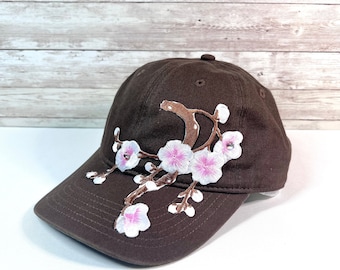 Brown Baseball Cap, Cherry Blossom, Genuine Crystals, Womens Ball Caps, Florist Gift, Baseball Hats With Flowers, Outdoorsy Gifts, Nature