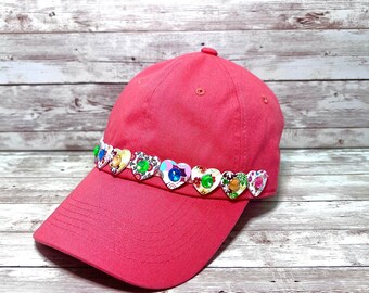 Denim Baseball Cap with Red Floral Embroidery and Embellished Rhinestones Rhinestone Floral Denim Baseball Cap: Crystal Applique Bling  main image 4