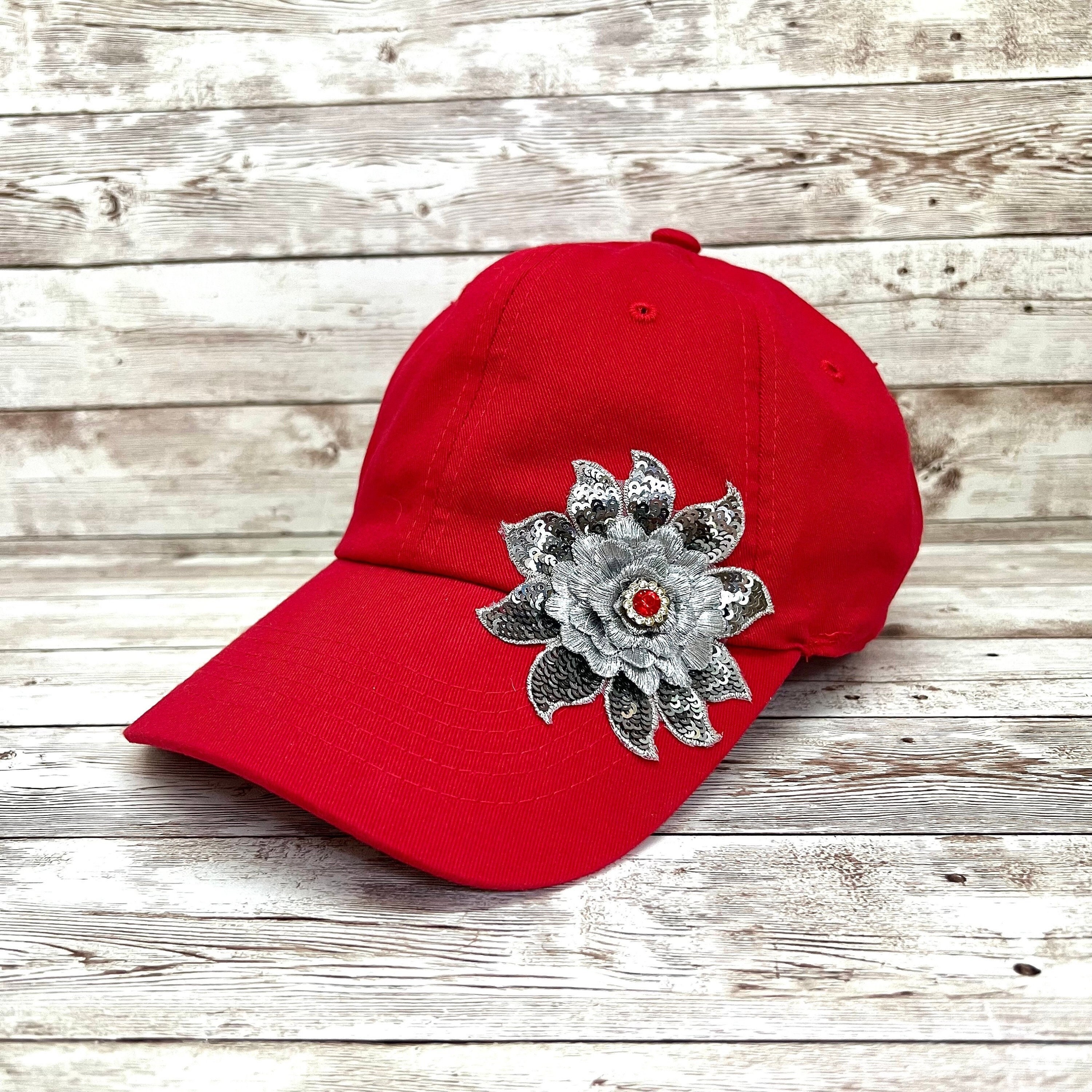 Red Hat with Floral Sequin Accents on it. Vintage Red Floral Hat with Tiny Red and Pink Flowers  main image 4