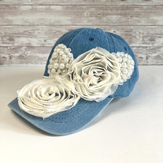 Denim Blue Embellished Baseball Cap with Shell & Pearl Chain Women main image 3