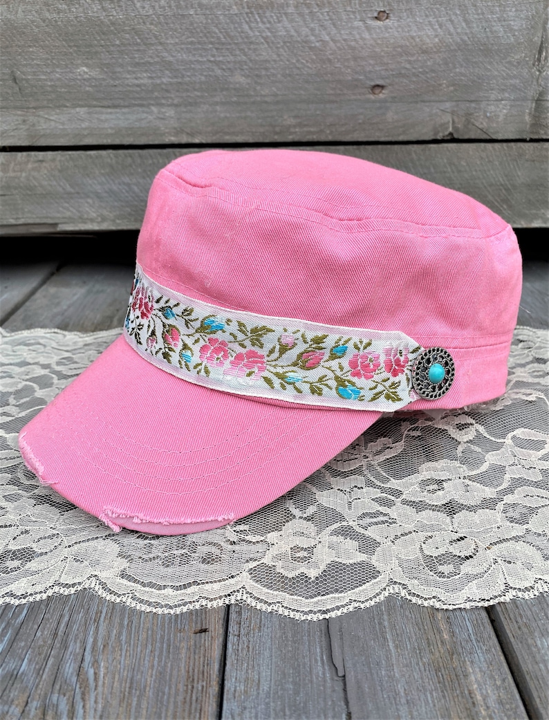 Pink Cadet Hat For Women Distressed Cadet Cap Women/'s Cadet Cap Military Style Hat Turquoise Charm Trim Flower Headband