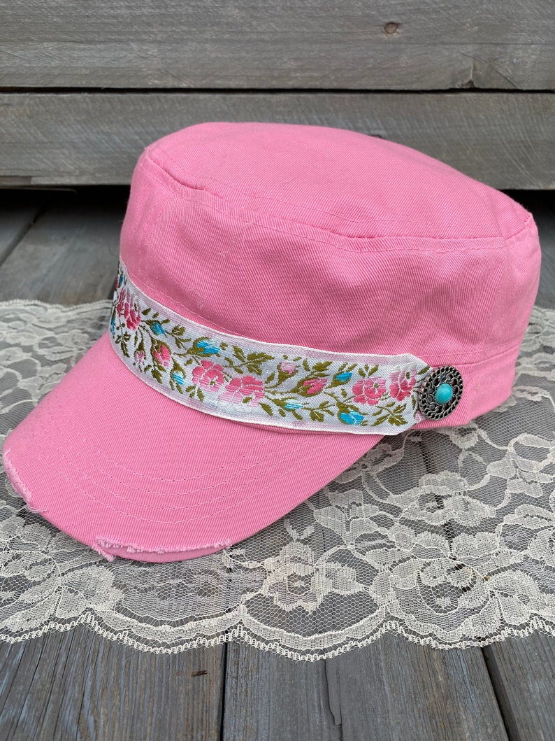 Pink Cadet Hat For Women Distressed Cadet Cap Women/'s Cadet Cap Military Style Hat Turquoise Charm Trim Flower Headband