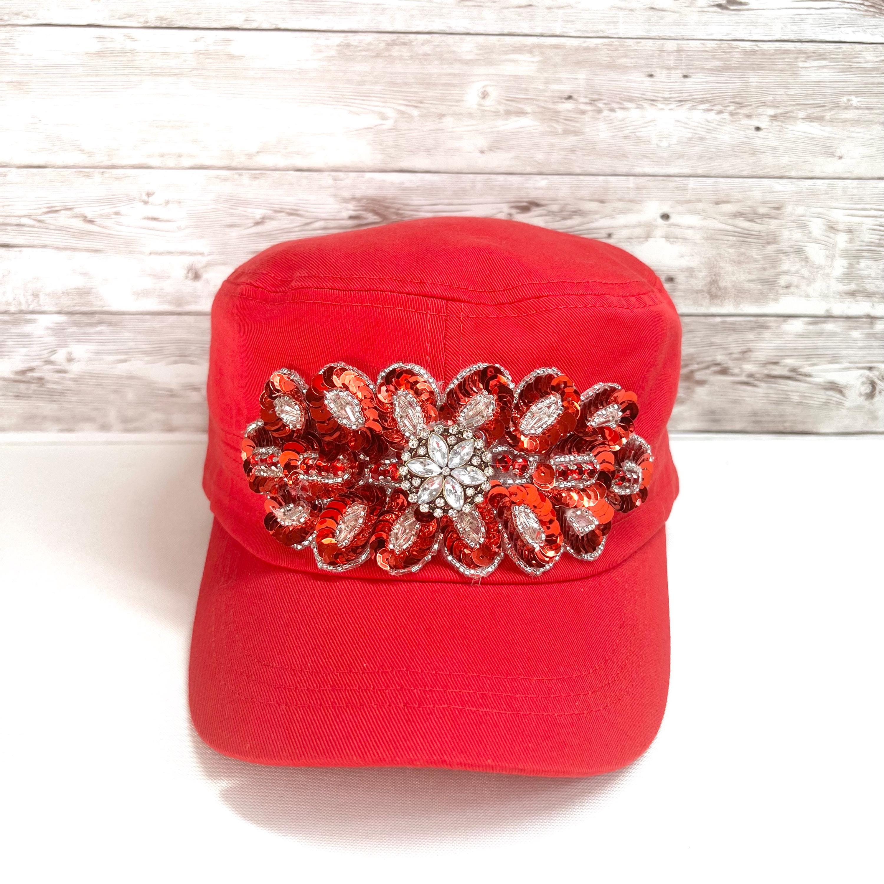 ✨Super Sparkling Sequin Camellia Flower Cadet Hat This green cadet cap has a gorgeous sequin flower wrapped  main image 2