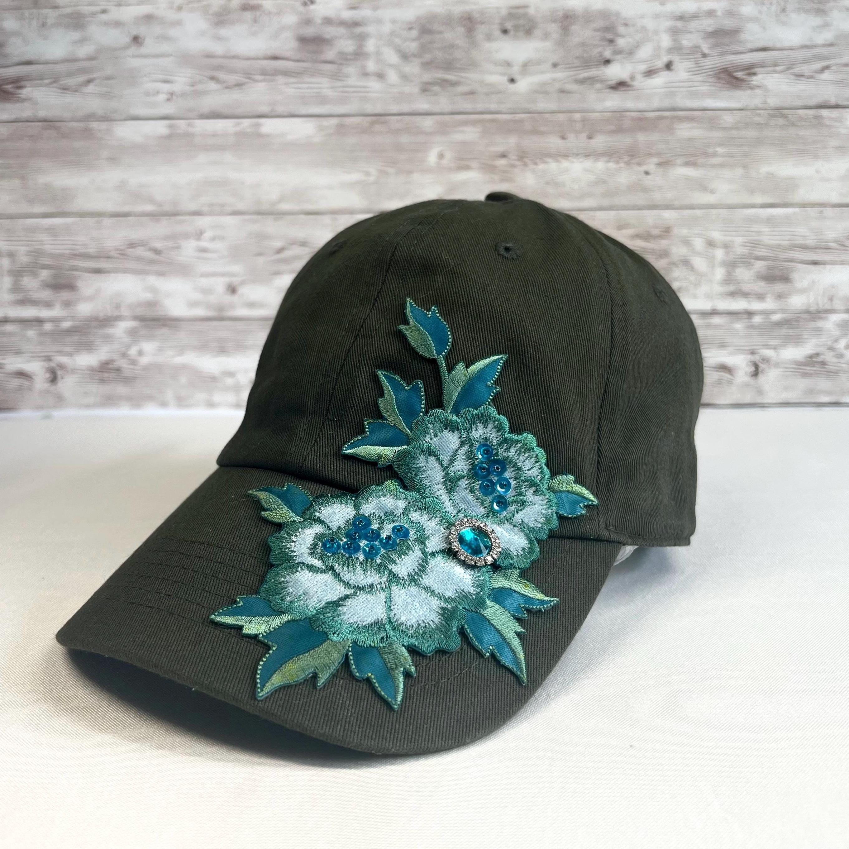 Teal Flower Baseball Cap: Rhinestone Bling, Women display picture 2