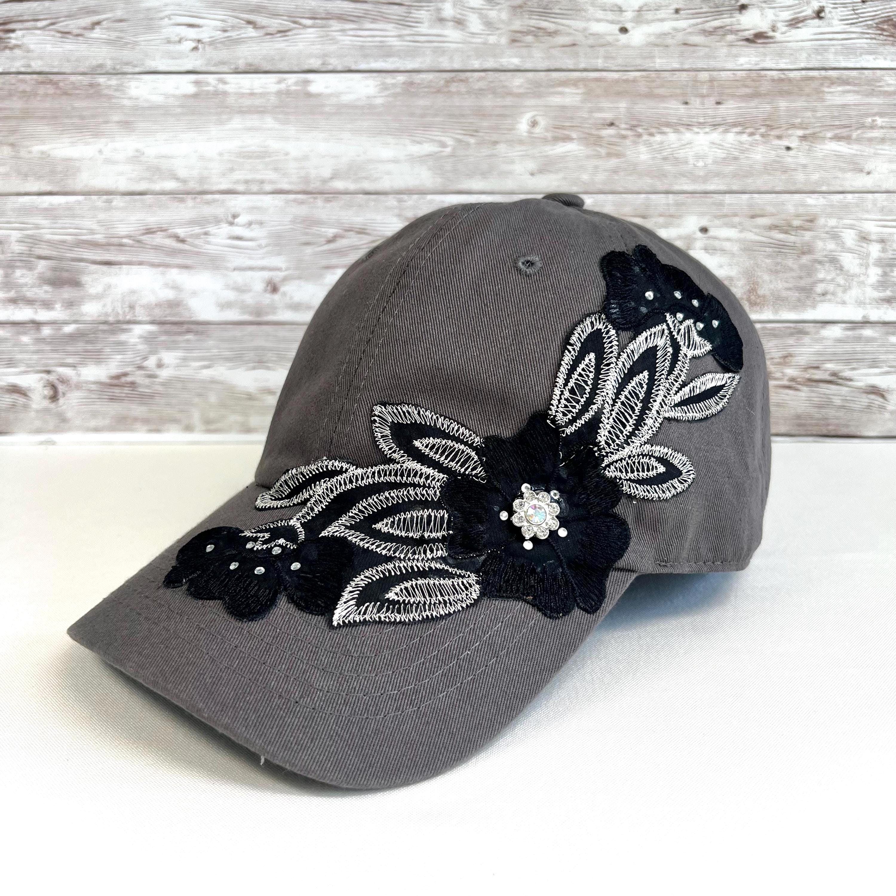 Grey Cotton Baseball Cap: Rhinestone Flower Applique Bling  display picture 2