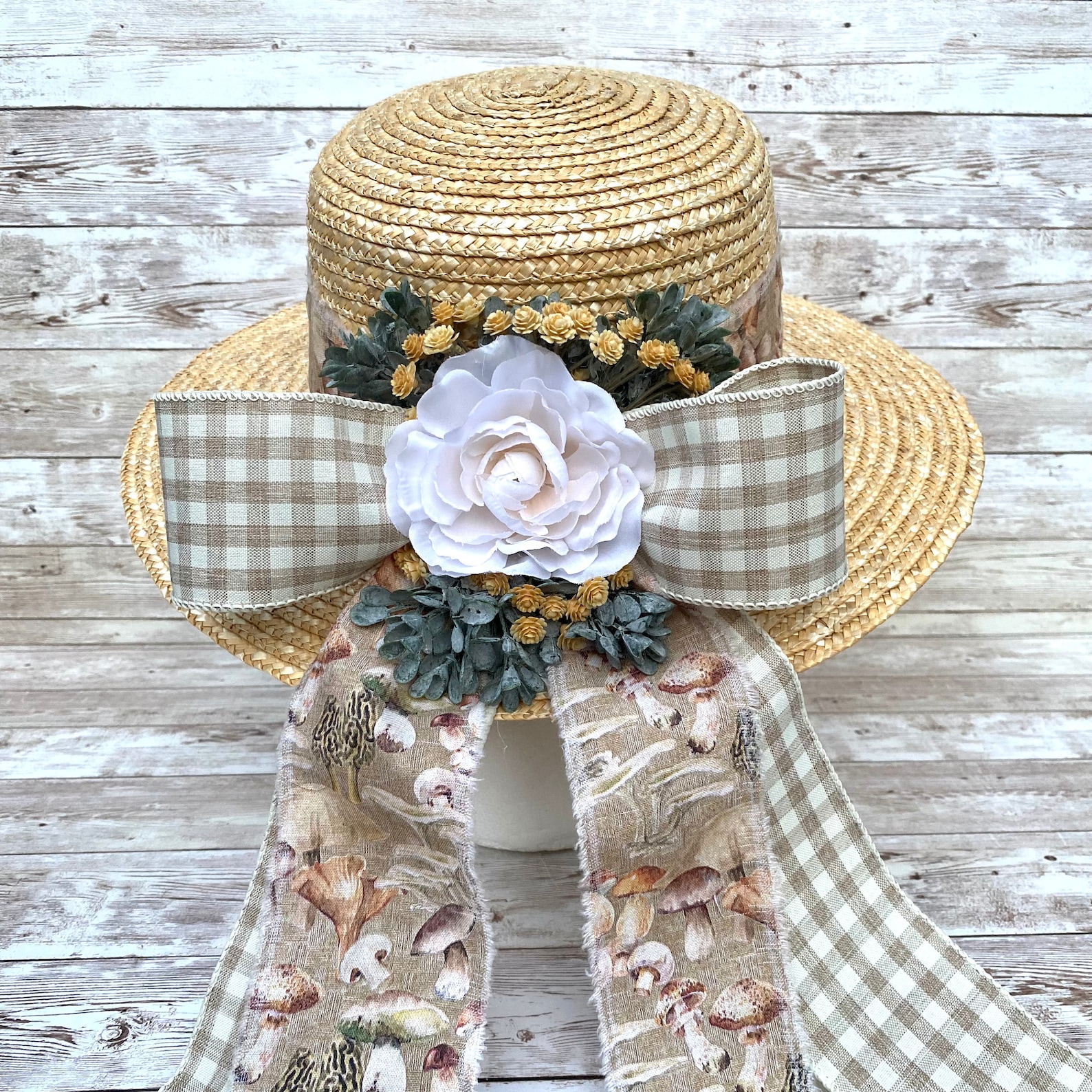 Cottagecore Mushroom Hat Flat Top Boater Hat Nature Lover Etsy