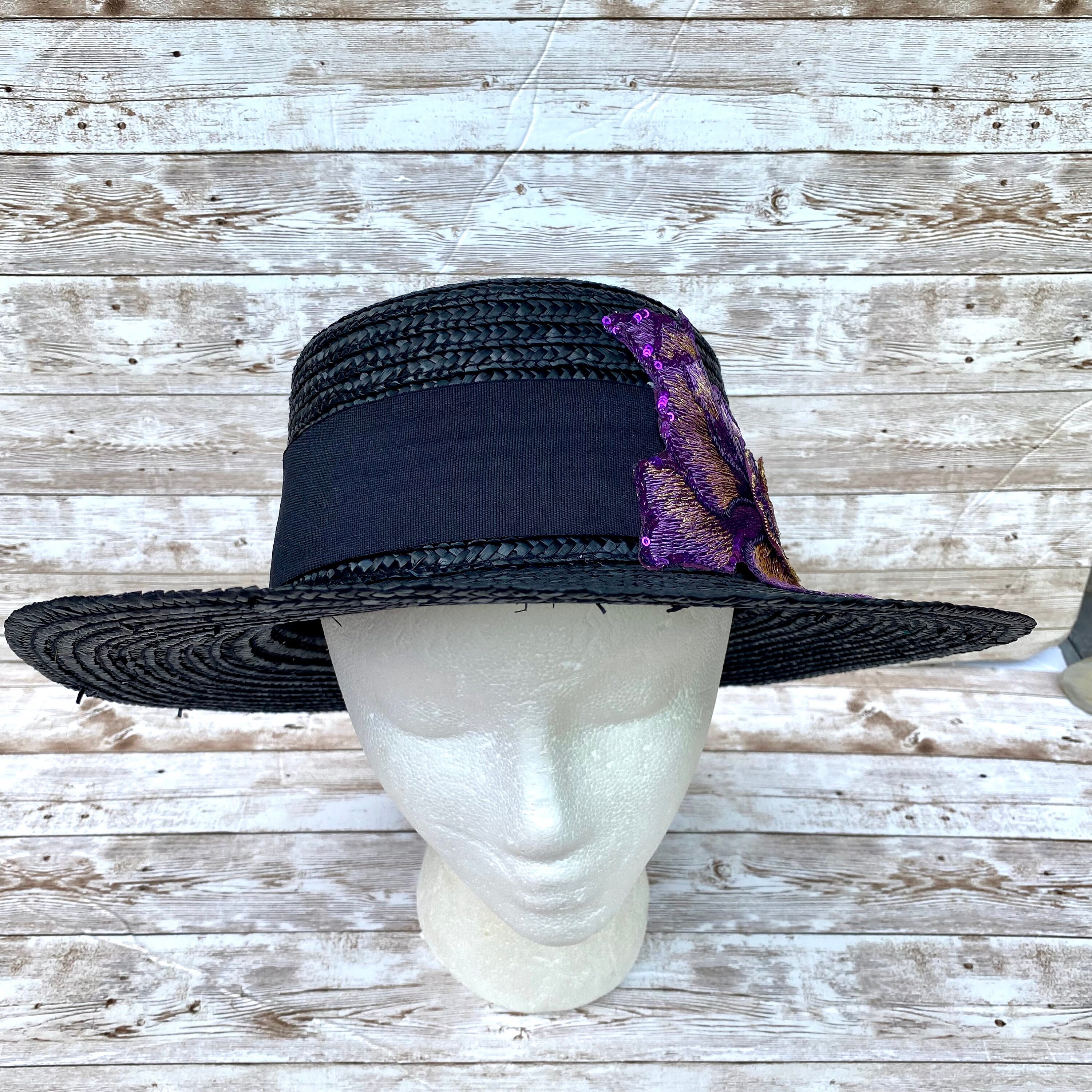 Hand Painted Purple Sunflower Wide Brim Boater Hat Size M What are your thoughts on hand burned and dyed polyester  main image 2