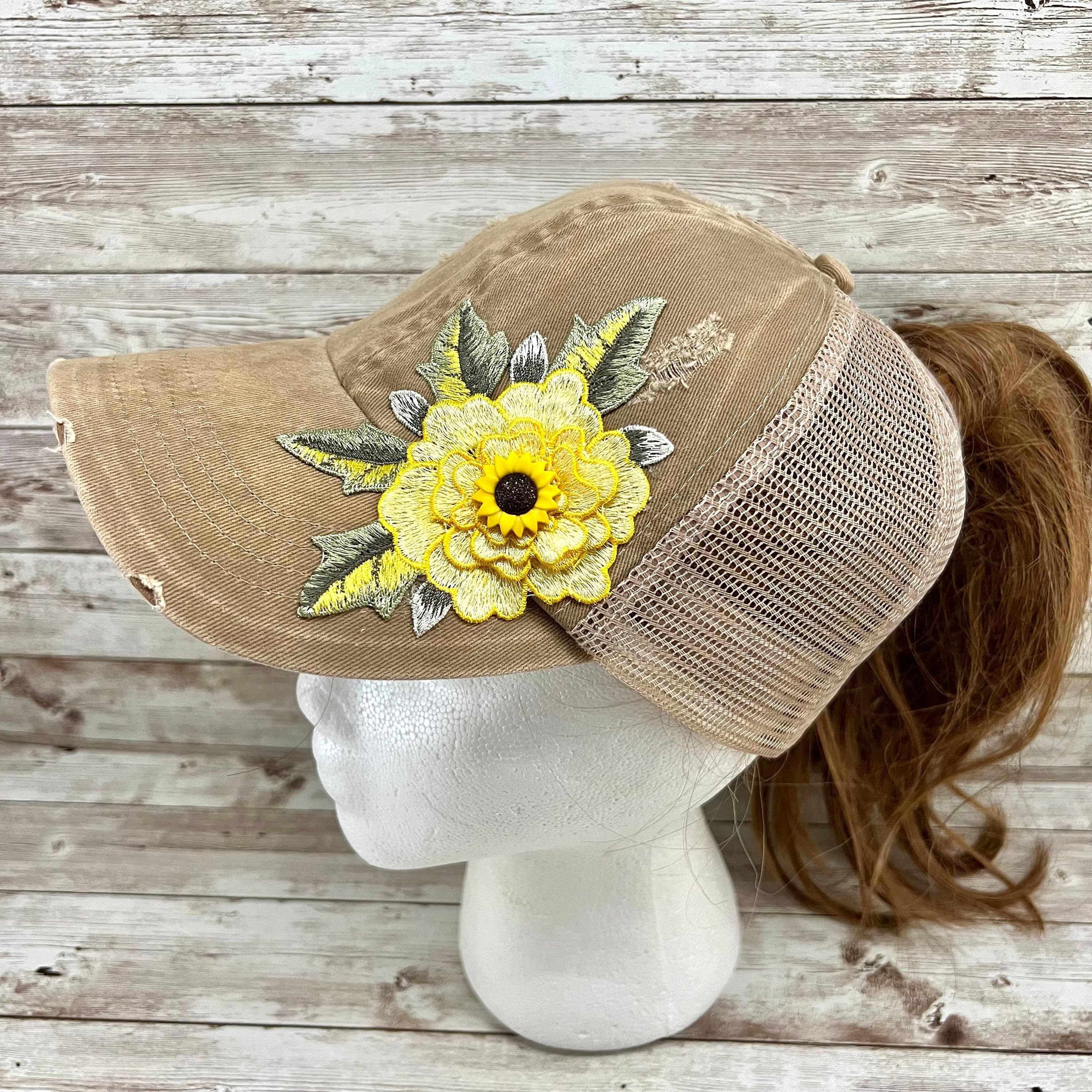 〽️Women Sunflower High Ponytail Baseball Cap Trucker Bad Hair Day Adjustable Sunflower Messy Bun Hat: Distressed Ponytail Baseball Cap - Etsy main image 3