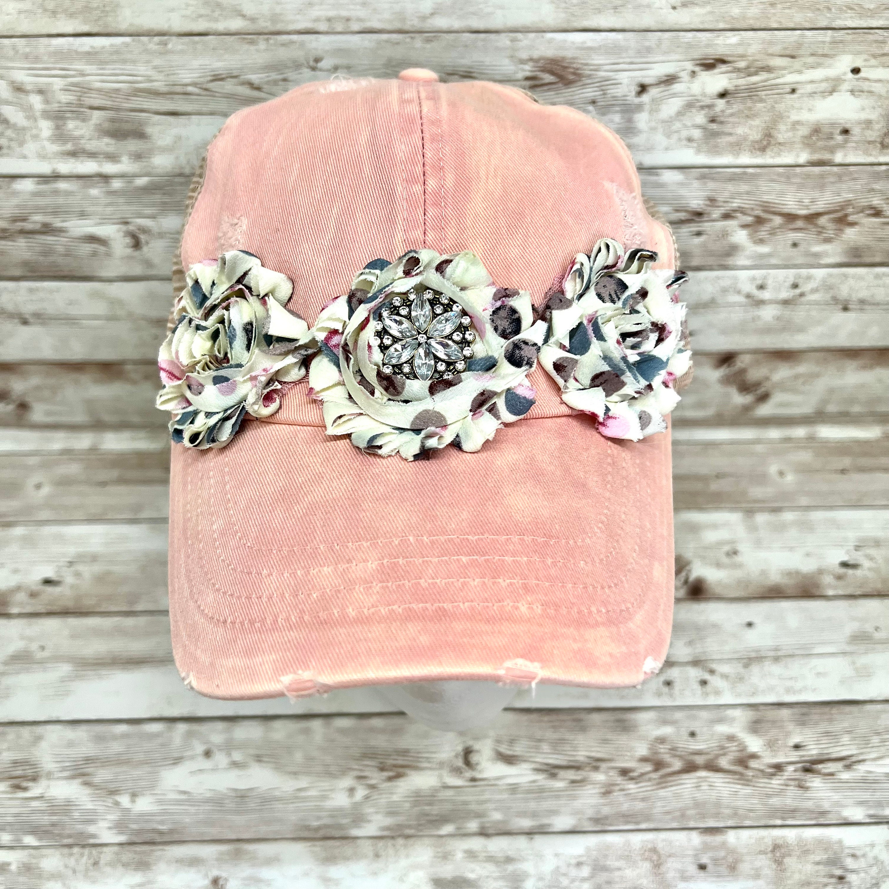 Blush Pink Messy Bun Baseball Cap: Distressed Floral 