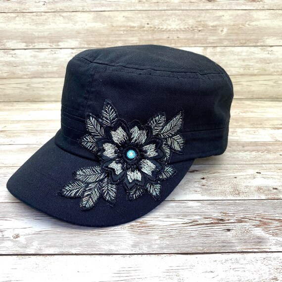 Black Cadet Hat Applique Flower Hat 
