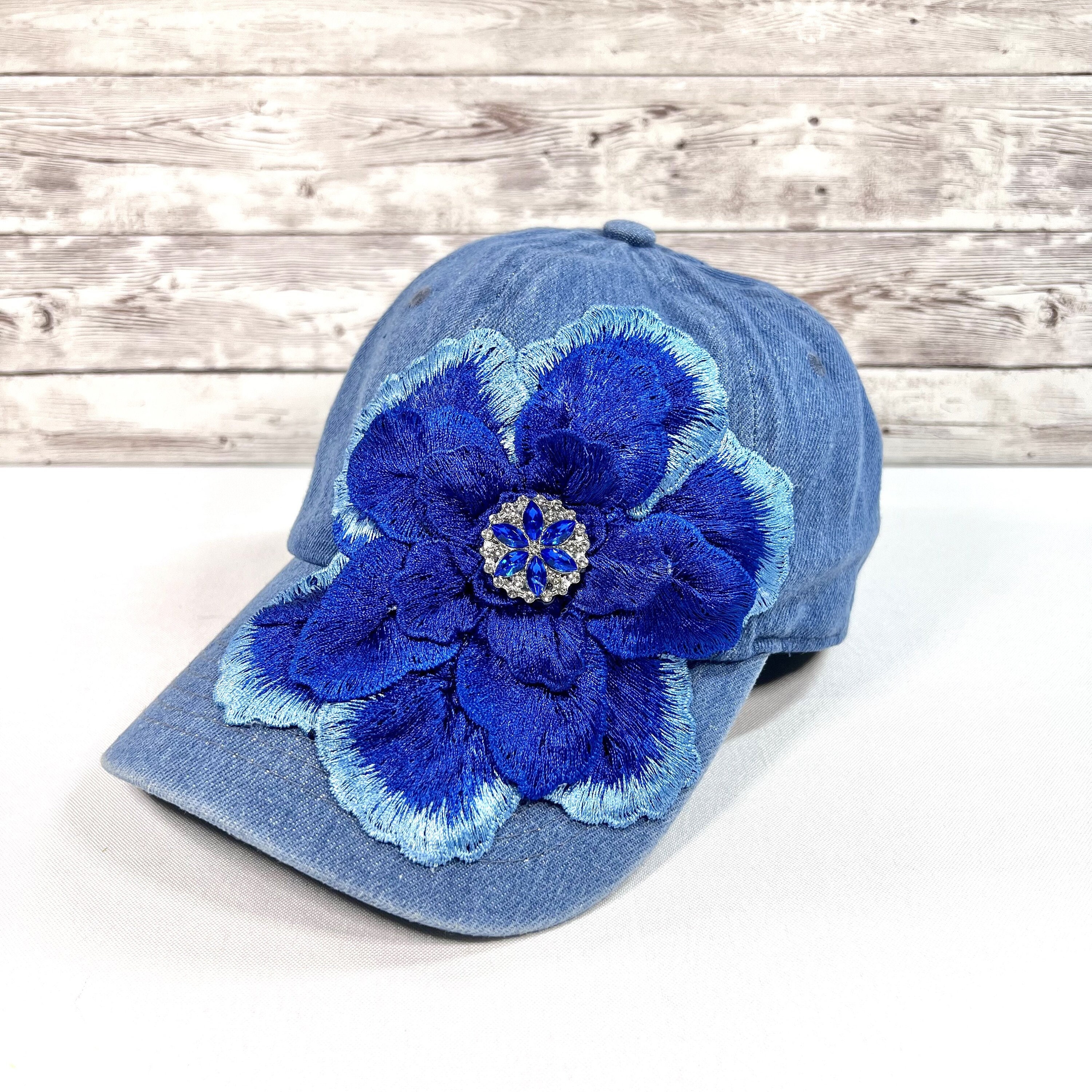 CRYSTAL EMBELLISHED BLUE JEAN BASEBALL CAP HAT W/ WHITE & GOLD DAISES Rhinestone Floral Denim Baseball Cap: Crystal Applique Bling  main image 4
