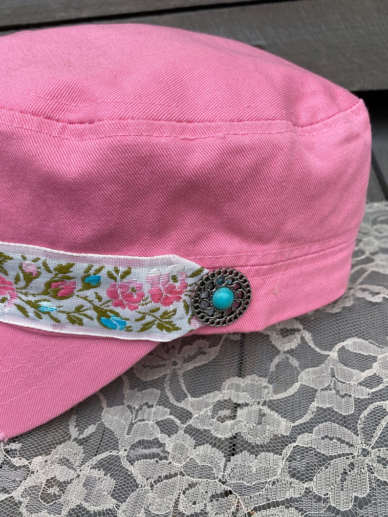 Pink Cadet Hat For Women Distressed Cadet Cap Women/'s Cadet Cap Military Style Hat Turquoise Charm Trim Flower Headband