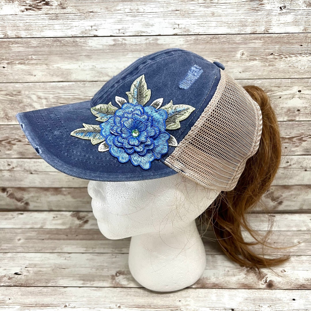 Ponytail Ball Cap, Distressed Denim Hat, Messy Bun Baseball Cap