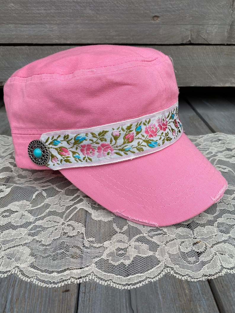 Pink Cadet Hat For Women Distressed Cadet Cap Women/'s Cadet Cap Military Style Hat Turquoise Charm Trim Flower Headband