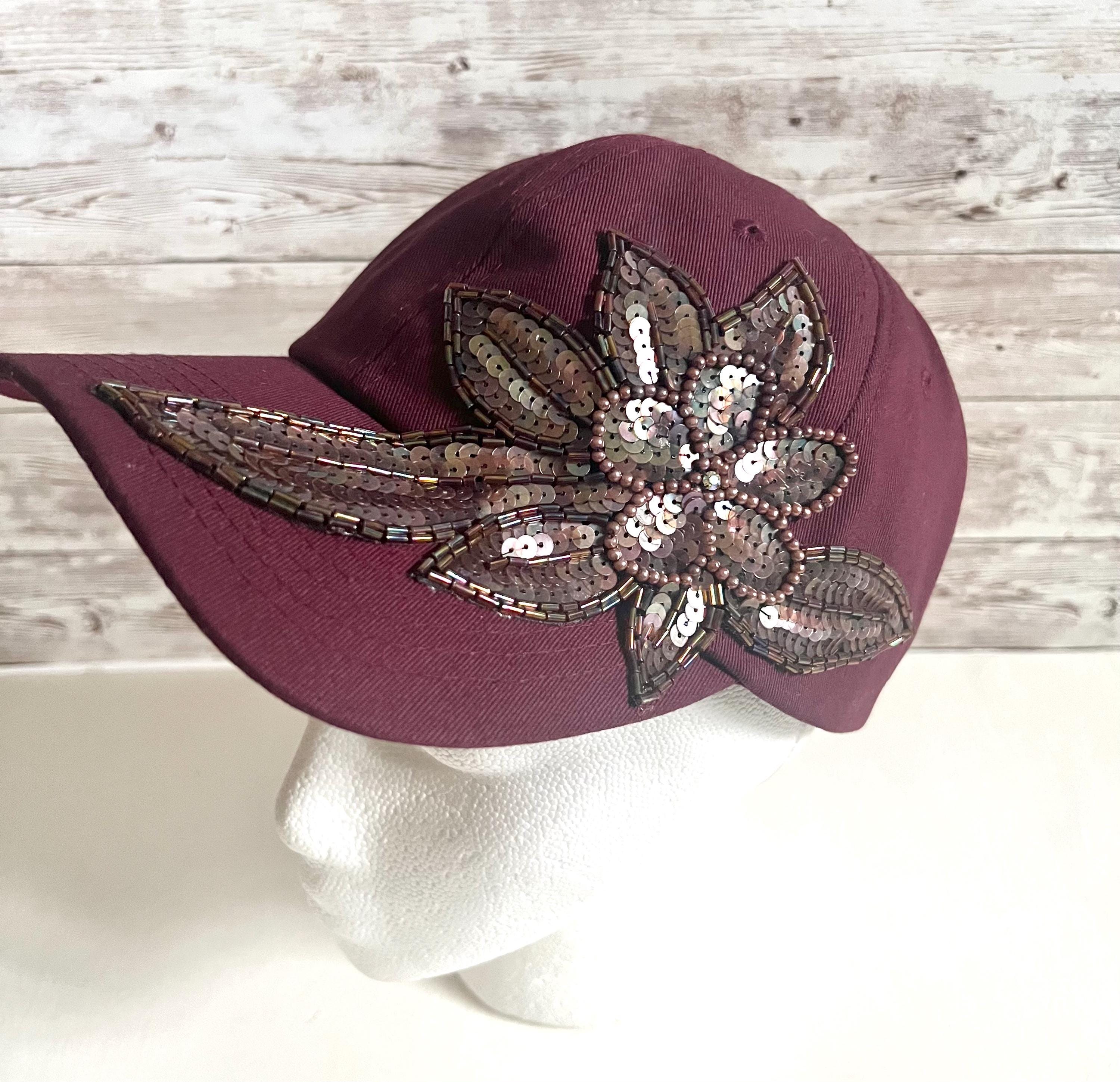 Burgundy Baseball Cap: Sequin Flower, Beaded Bling Hat - Etsy display picture 3