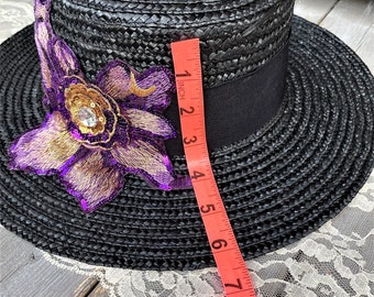 Black Straw Boater Hat: Wide Brim, Purple Sequin Flower - Etsy display picture 1