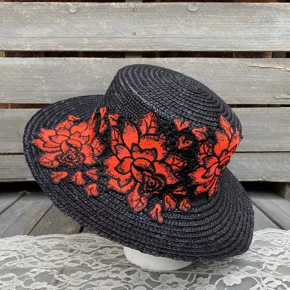 Black Straw Boater Hat Orange Flower 