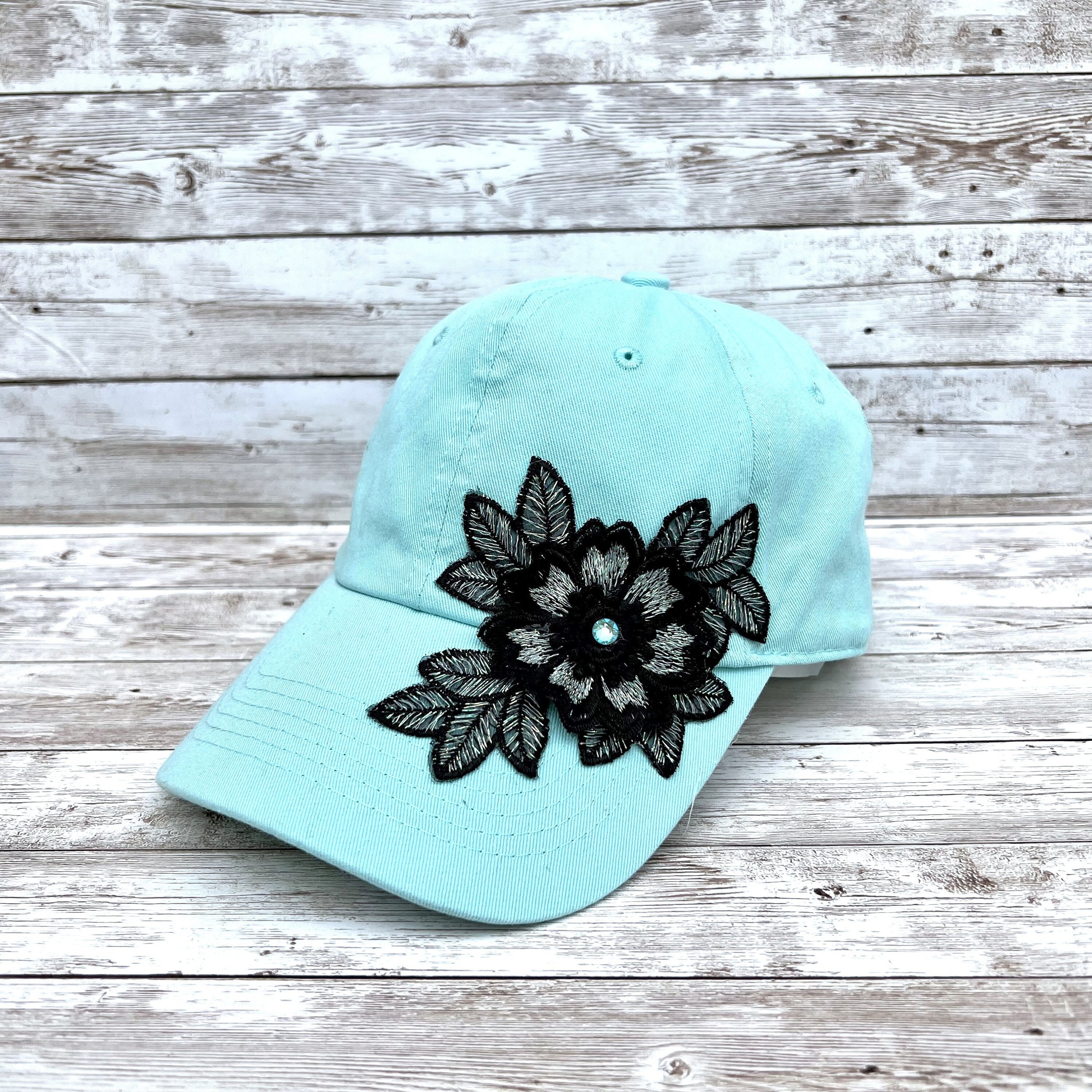 Embellished Pink, Blue, Brown and Green Floral Crystal Baseball Cap. Women Baseball Hat Roses Flower Design Crystals Embroidery  main image 2