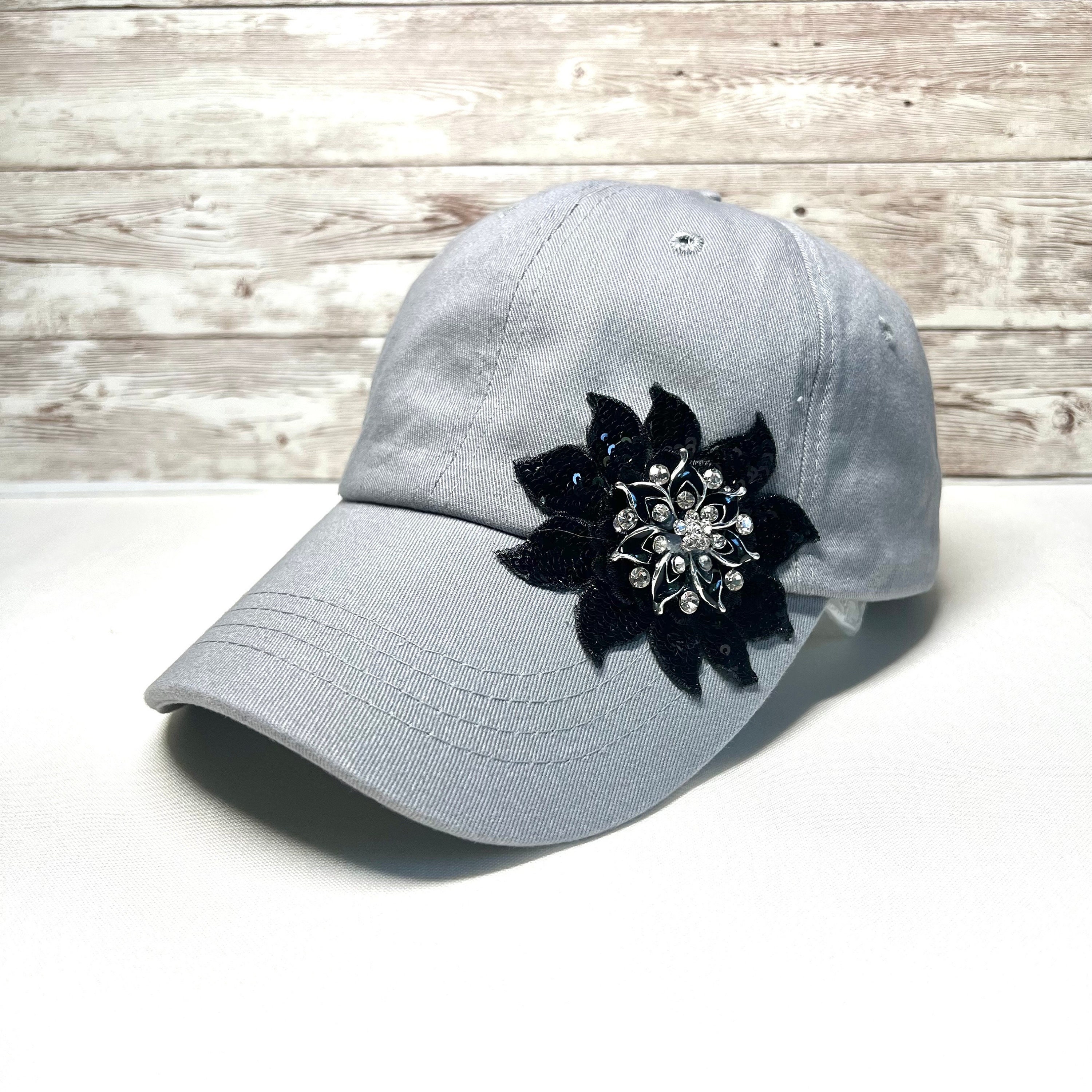 Sequin Flower Baseball Cap: Rhinestone Charm, Grey Cotton  display picture 1