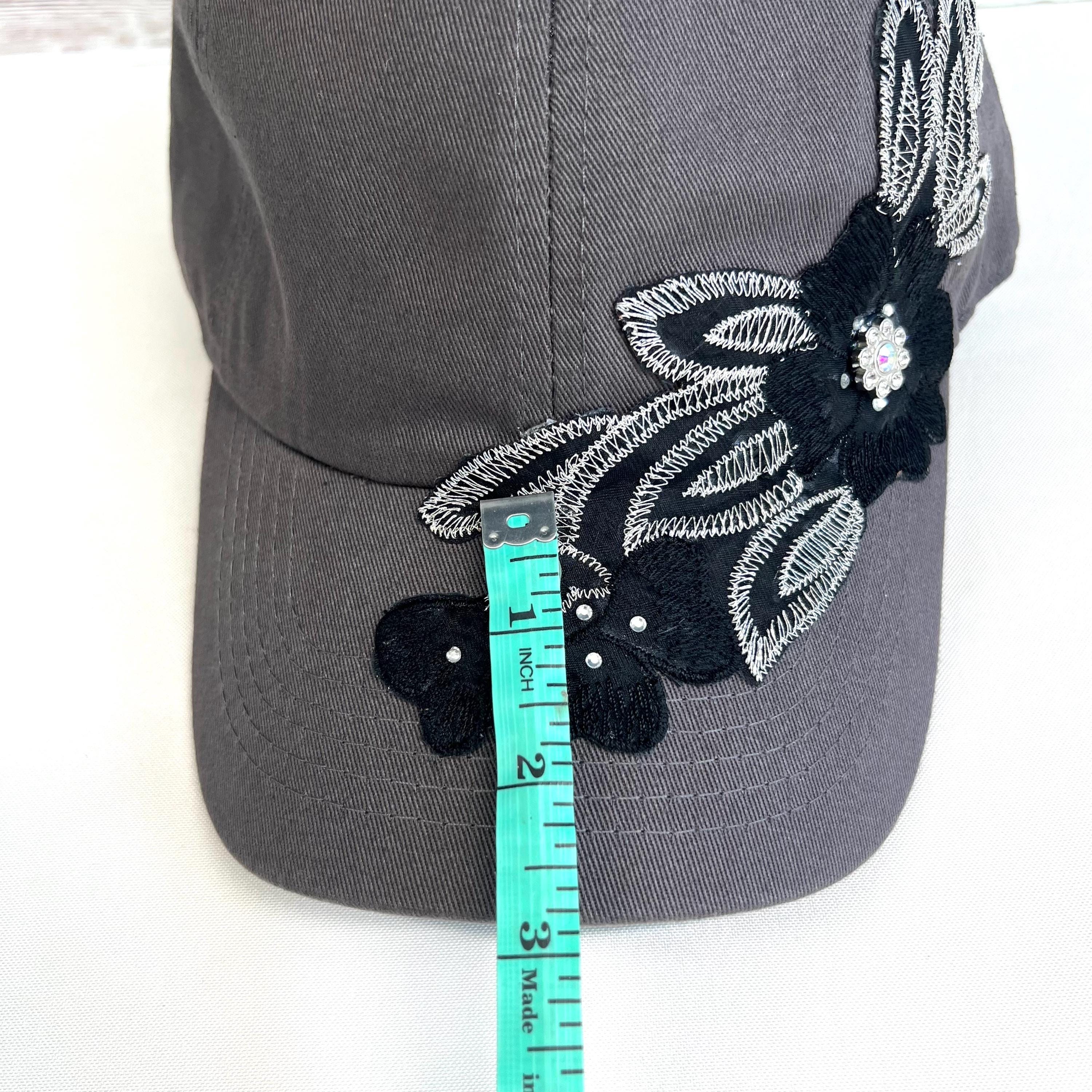 Grey Cotton Baseball Cap: Rhinestone Flower Applique Bling 