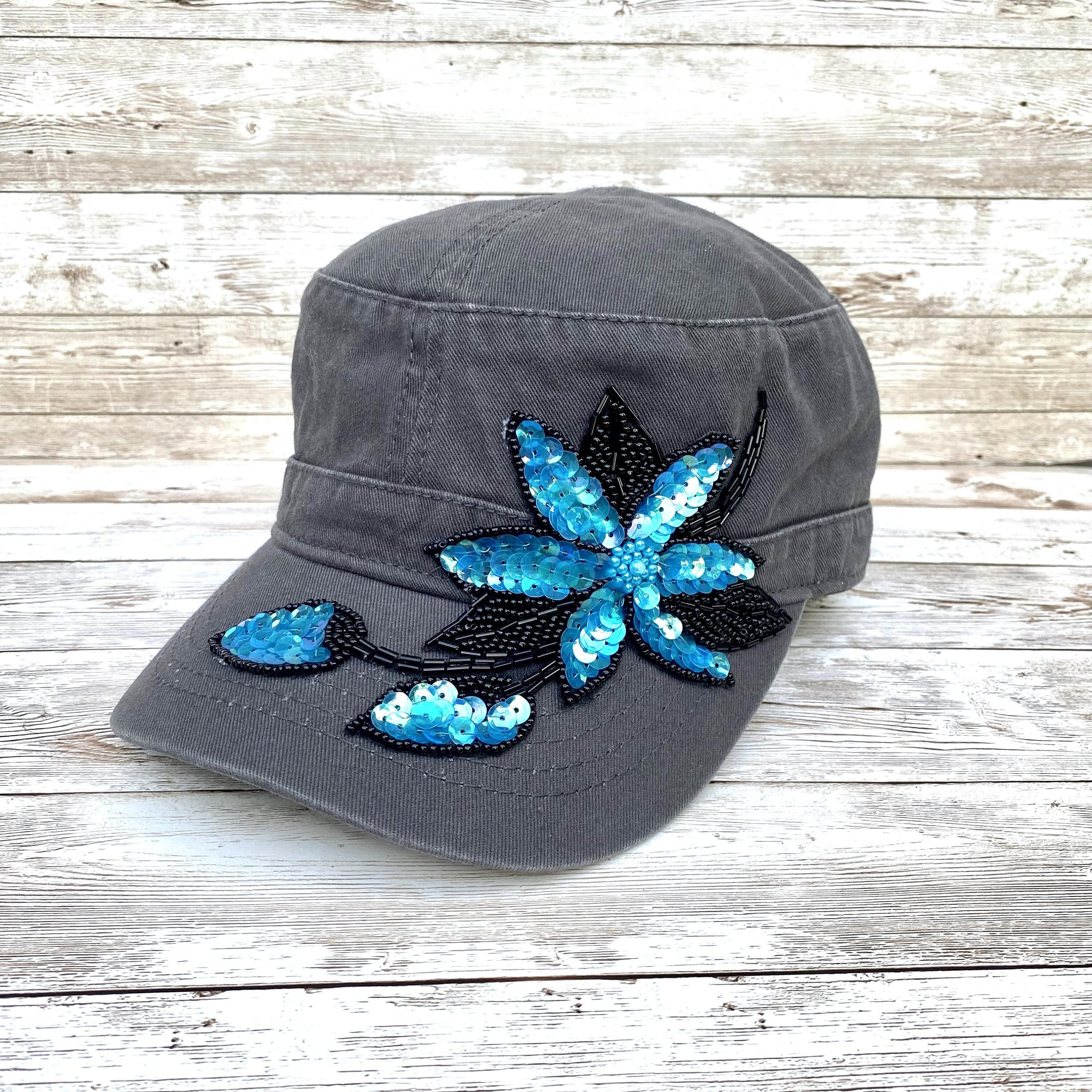 ✨Super Sparkling Sequin Camellia Flower Cadet Hat This green cadet cap has a gorgeous sequin flower wrapped  main image 3