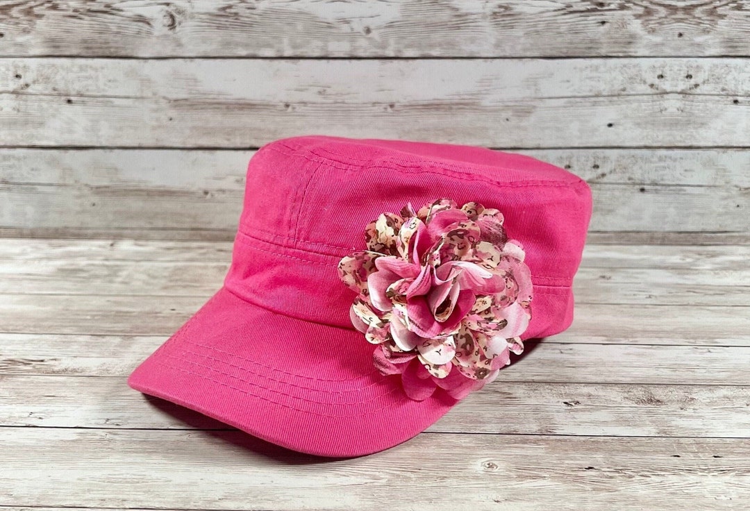 Women Cadet Cap Pink Cotton Hat With Flower Military Style Etsy
